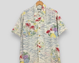 Vintage jaren 90 Hawaiiaans Japans goudvis zijden shirt medium Hawaii Beach Surf tropische zon Surf Japan Toyo Aloha Wear shirt button-up maat M