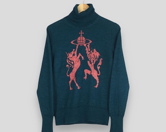 Vintage Vivienne Westwood Mohair Turtleneck Sweater Small Vivienne Westwood Italy Iconic Orb Logo Two Mythical Creatures Printed Pullover S