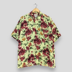 Vintage Hawaiian Roses Flower Rayon Shirt Large 1990s Honolulu Usa Hale Hawaii Floral Roses Art Printed Aloha Beach Button Up Shirt Size L