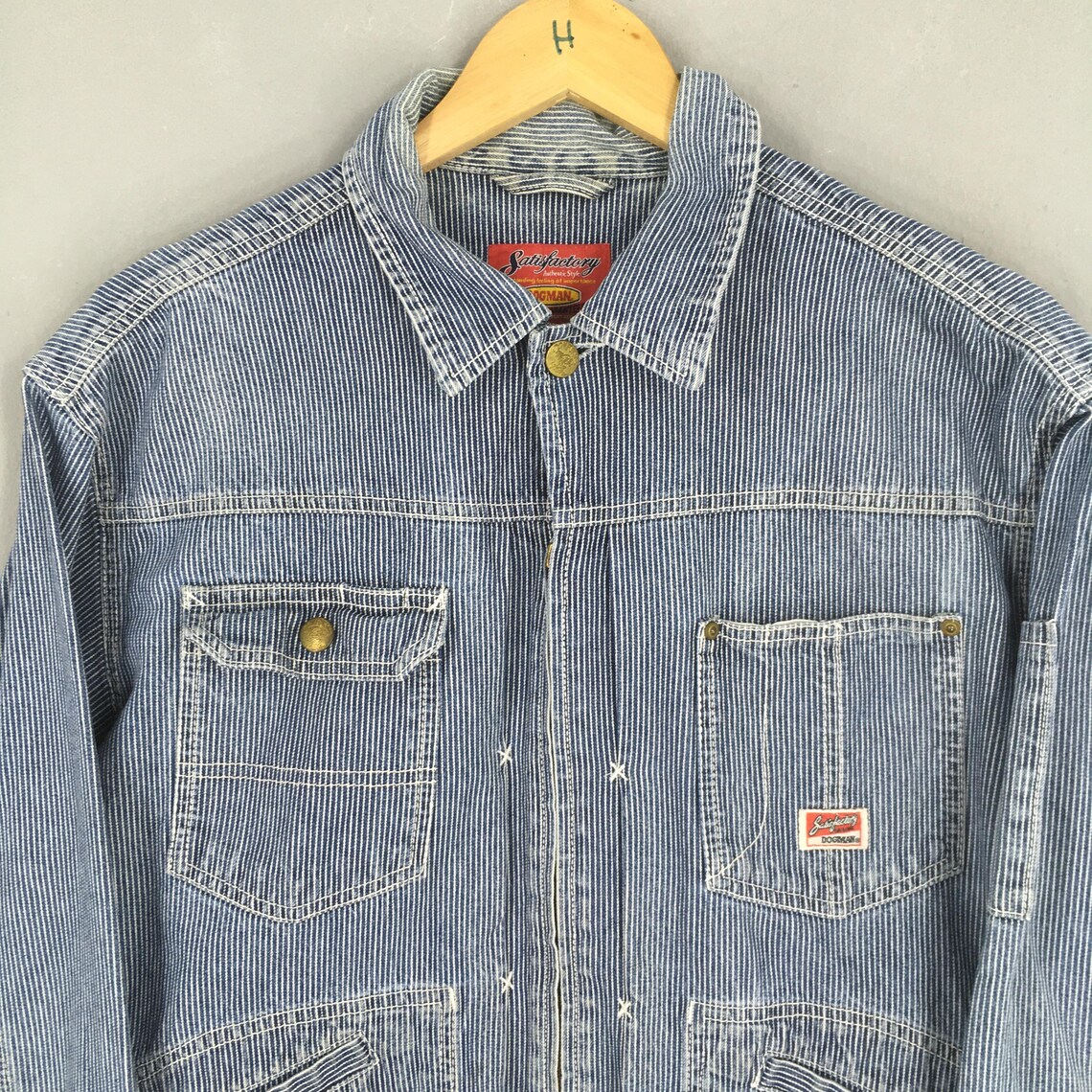 Vintage 90s Dogman Denim Hickory Stripes Jacket Large 91-B Jelt Denim Chore Workwear Blue White Stripes Coat Buttons Mens Outerwear Size L, foto 2 di 5