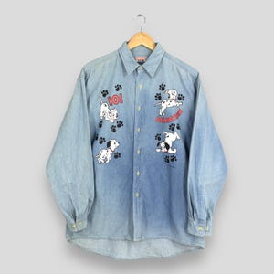 Vintage 90's 101 Dalmatians Dog Blue Jeans Shirt Medium 101 Dalmatians Walt Disney Printed Oxfords Dalmatians Dog Cartoon Longsleeve Shirt M