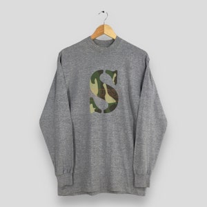 Vintage 90&#39;s Stussy Usa S Logo T shirt Medium Stussy Camo Logo Printed Skateboard New York Stussy Skater Streetwear Gray Longsleeve Tee M