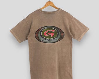 Maglietta vintage anni '90 Gramicci Usa marrone con grafica, taglia S, maglietta stampata Gramicci Outdoor Streetwear, maglietta girocollo con logo Gramicci, taglia S