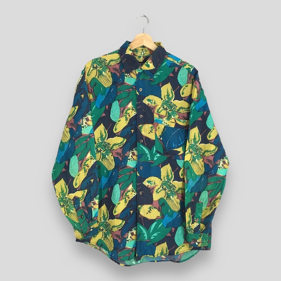 Vintage Abstract Floral Multicolor Silk Shirt Large Pop Art Style Casual Outfit Preppy Flannel Retro Party Aesthetic Button Up Shirt Size L