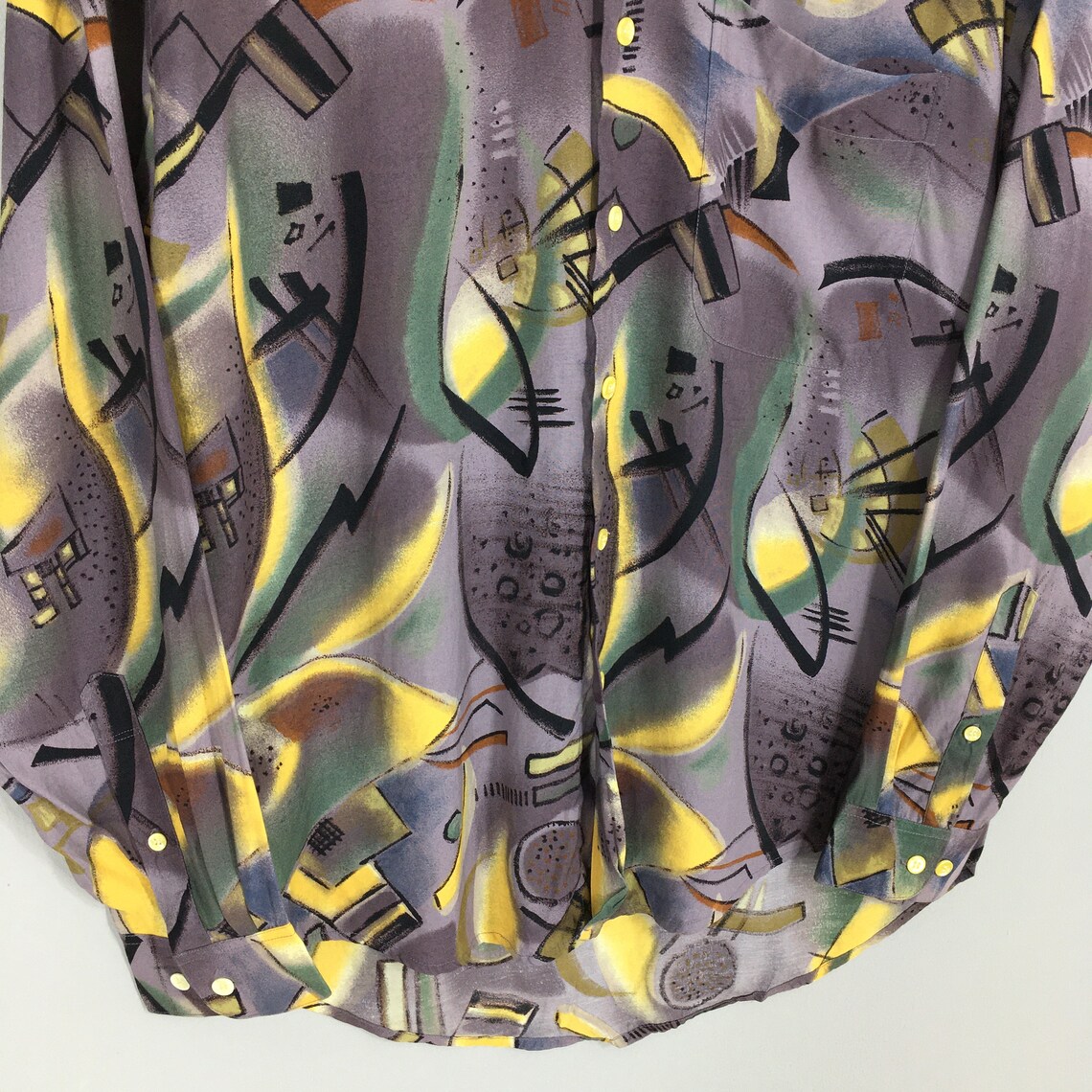 Vintage 1990's Abstract Pattern Rayon Shirt Medium Pop Art Funky Artwork Party Psychedelic Multicolor Artist Retro Button Down Oxford Size M, foto 4 di 5
