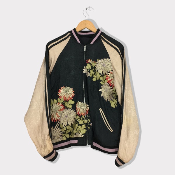 Sukajan Japanese Classic Script Sakura Floral Roses Reversible Jacket Medium Sukajan Warrior Embroidery Satin Souvenir Coat Rayon Size M