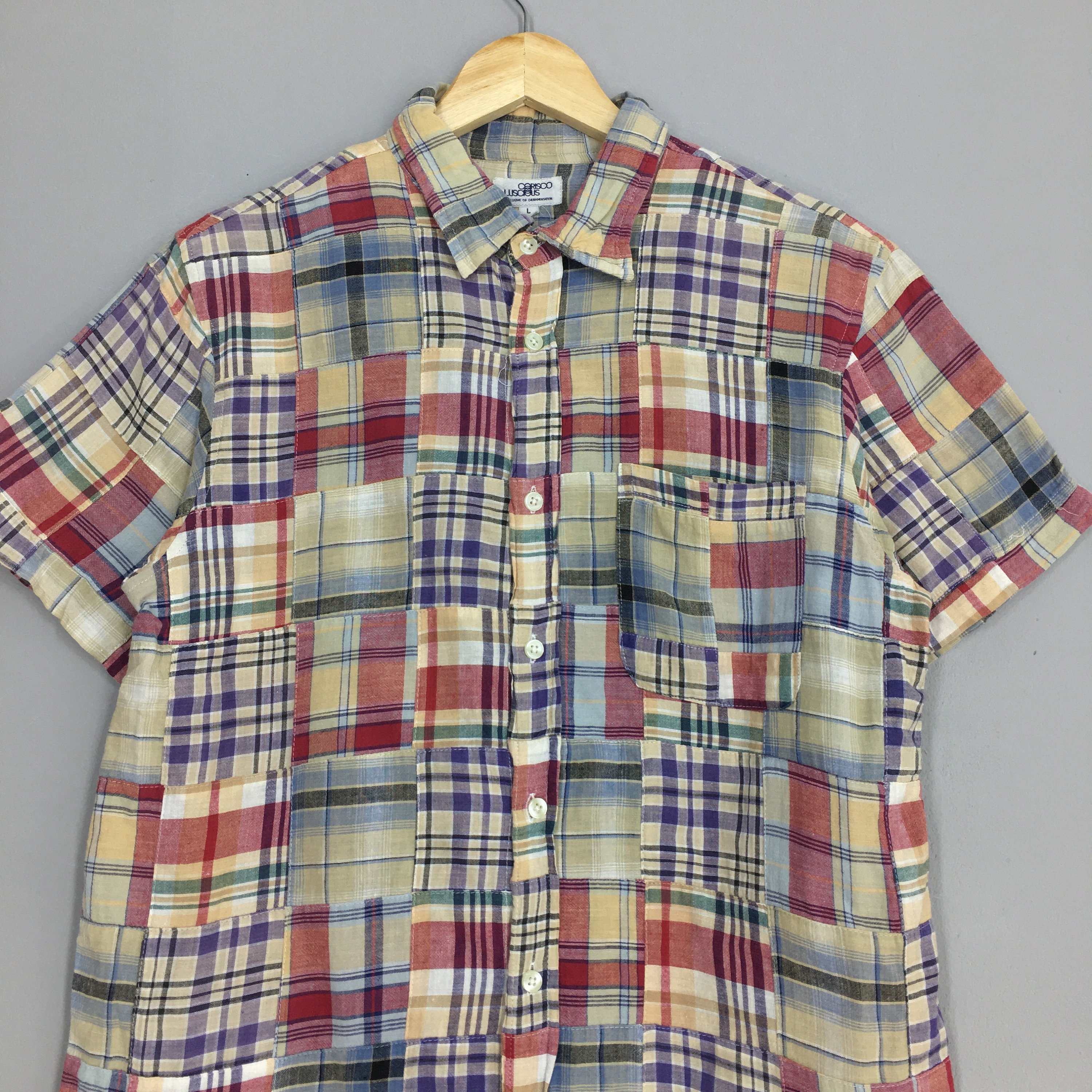 Vintage Patchwork Checkered Flannel Shirt Large 90s