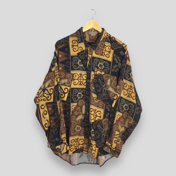 Vintage Novelty Baroque Artwork Rayon Shirt Large Retro Abstract Casual Wear Longsleeve Shirt Wedding Psychedelic Button Down Oxfords Size L