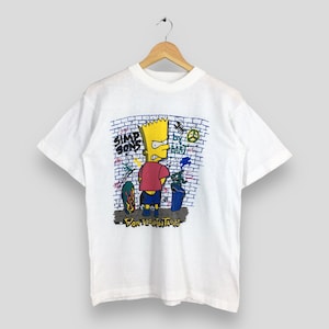 Maglietta bianca vintage del cartone animato Bart Simpson, taglia M, anni '90, t-shirt animate americane The Simpsons Don't Look For Trouble di Matt Groening, taglia M