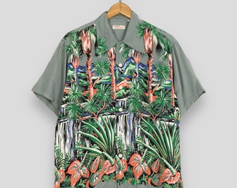Vintage Sun Surf Hawaiian Palm Tree Rayon Shirt Medium 1980s Palm Beach Island Tiki Honolulu Aloha Wear Surf Printed Button Up Shirt Size M