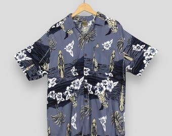 Koszula vintage z lat 90. w stylu hawajskim Aloha Coconut Tree XL, z tropikalnym hibiskusem, z hawajskim wzorem surfingowym, kołnierzykiem z pętelką i guzikami, rozmiar XL