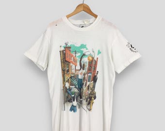 Vintage 1990s Nike Air Jordan "Hoop Heroes" Artwork Philip Burke Tshirt Medium Vtg Michael Jordan Printed Graphics Street Distressed Tee M