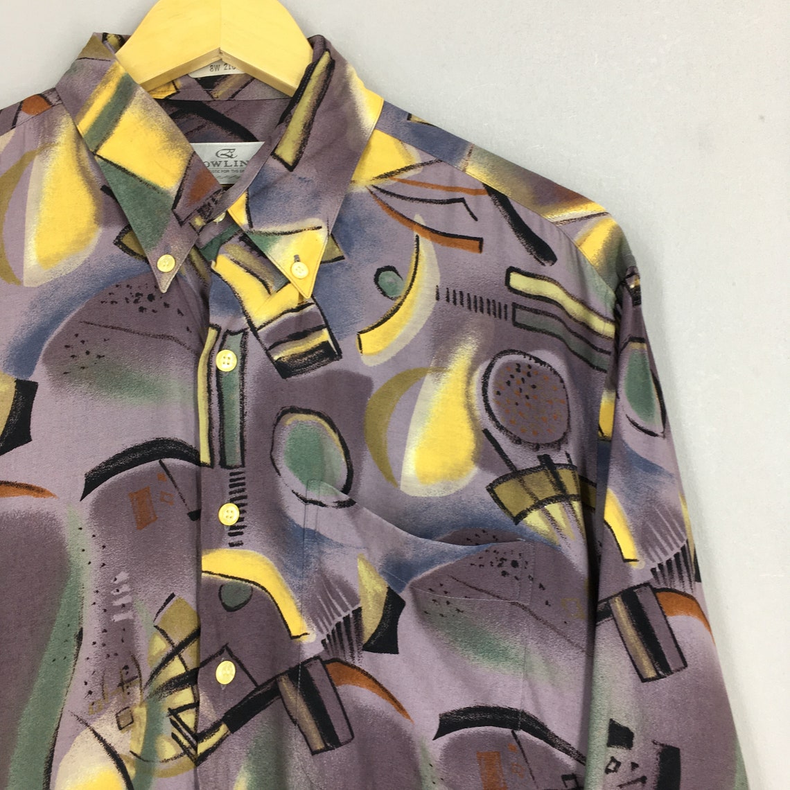 Vintage 1990's Abstract Pattern Rayon Shirt Medium Pop Art Funky Artwork Party Psychedelic Multicolor Artist Retro Button Down Oxford Size M, foto 2 di 5