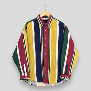 Vintage Multicolor Stripes Brushpopper Shirt Large 90&#39;s Fashion Retro Western Vertical Striped Oxfords Colorful Flannel Buttondown Up Size L