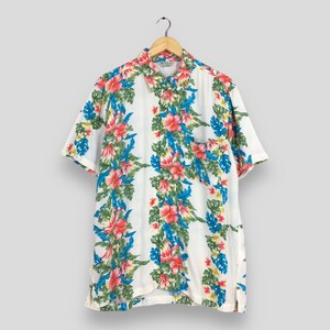 Vintage Hawaii Aloha Floral Hibiscus Shirt Large Hawaiian Tropical Floral Hibiscus Beach Surf Cotton Button Up   Honolulu Shirt Size L