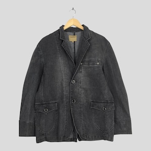 Vintage Corisco japansk arbetsjeansjacka stor svart bleknad fransk arbetarjeansjacka herrjacka med tre fickor, casual rock med knappar, storlek L