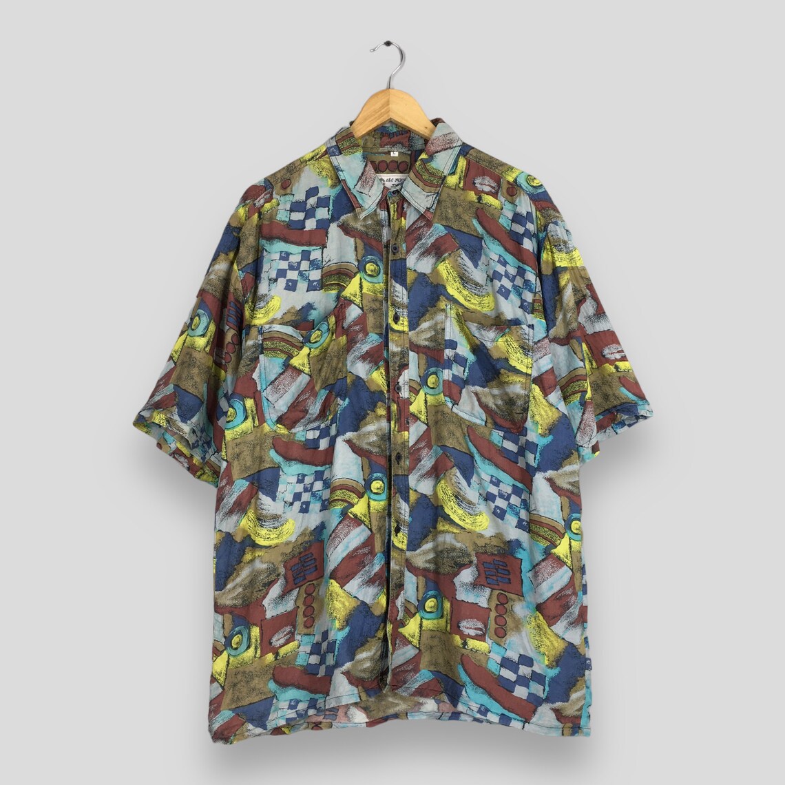 Vintage Psychedelic Abstract Aloha Silk Shirt Large Abstract Pattern Pop Art Beach Hawaii Surf Shirt Menswear Summer Button Up Size L, foto 1 di 5
