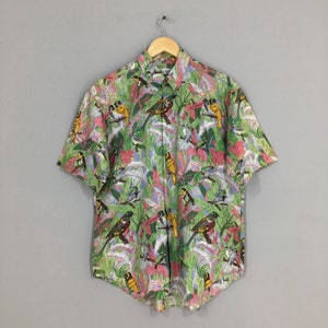 Vintage 90's Hawaiian Aloha Tropical Shirt Medium Bird Motif Abstract Sunwear Flower Beach Surf Pattern Party Buttondown Size M