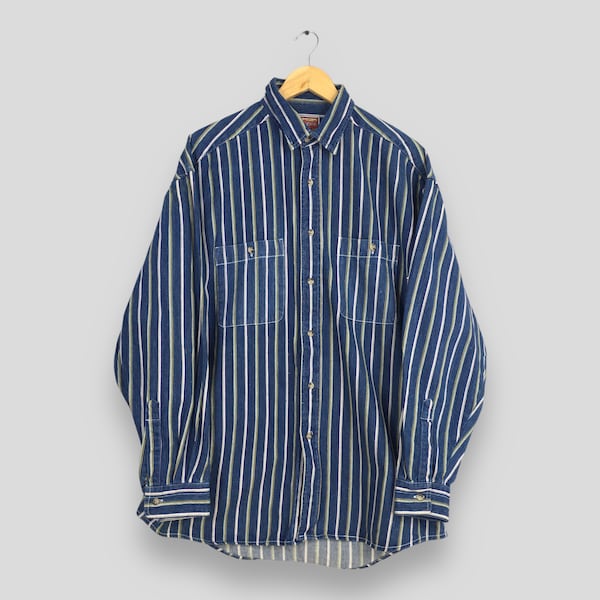 Vintage 90's Tommy Cort Denim Pin Striped Shirt Men Large Stripes Blue Flannel Oxfords Buttondown Casual Retro Oversized Shirt Size L