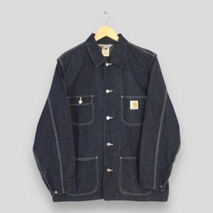 Vintage 90s Carhartt Denim Michigan Workwear Jacket Large Carhartt Chore Jacket Workers Carhartt Four Pocket Blue Rugged Wear Coat Size L