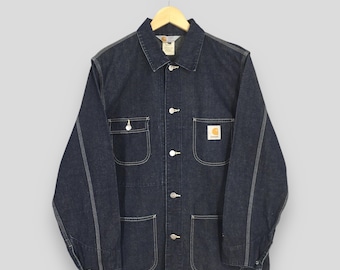 Vintage 90s Carhartt Denim Michigan Workwear Jacket Large Carhartt Chore Jacket Workers Carhartt Four Pocket Blue Rugged Wear Coat Size L