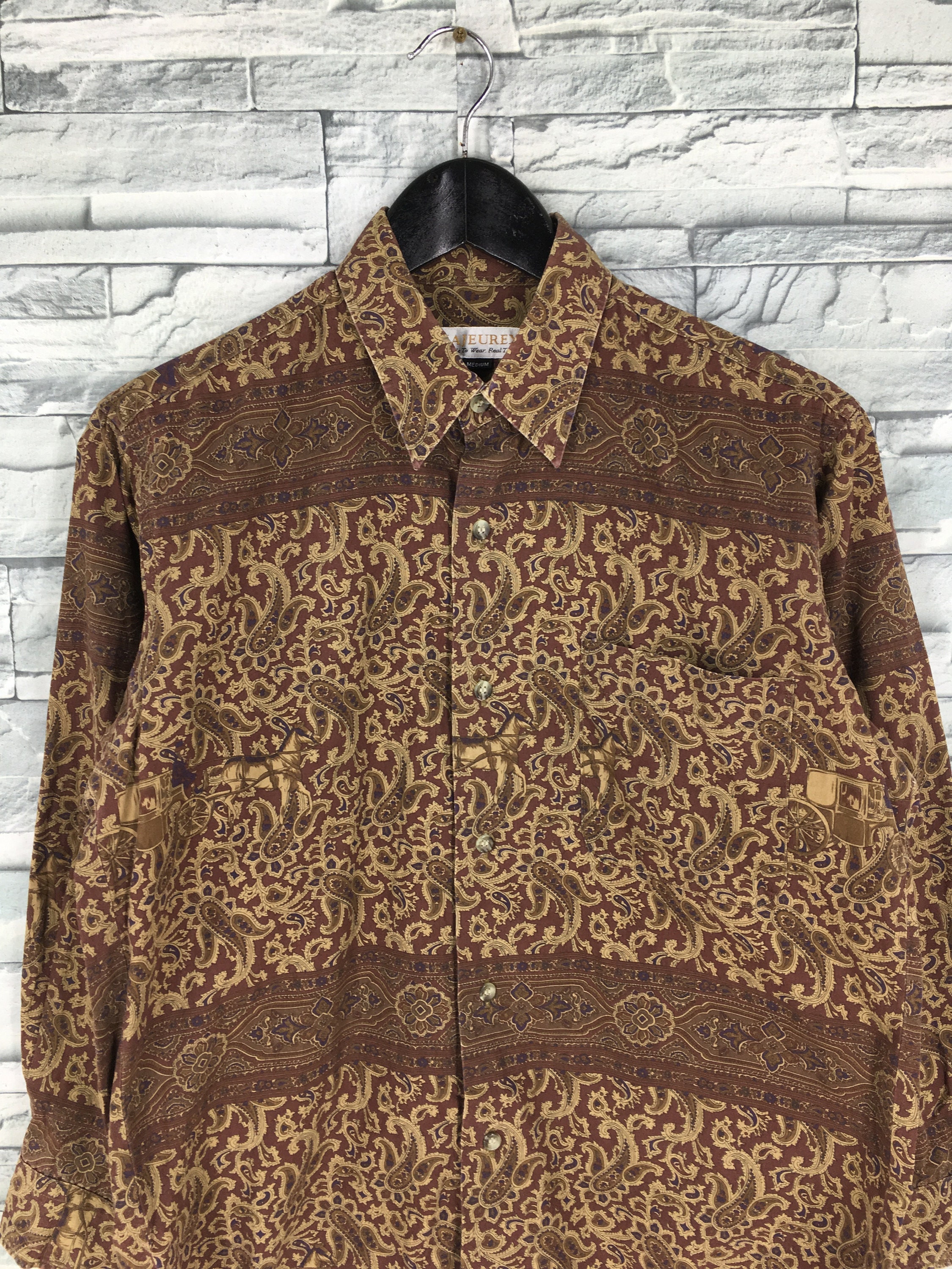 Vintage Men Paisley Floral Brown Shirt Casual Medium | Etsy