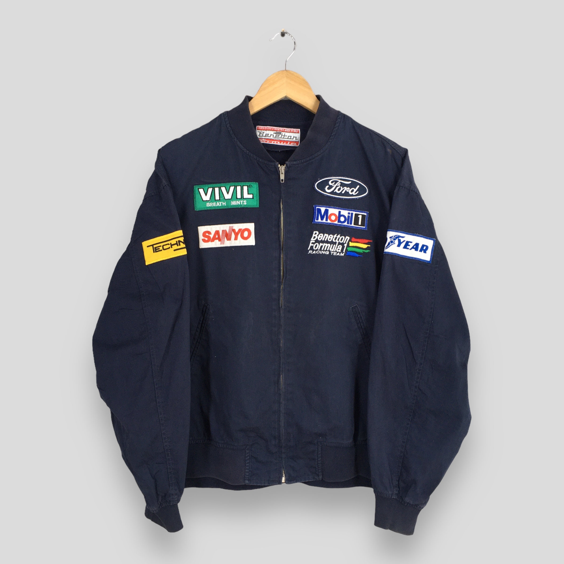 Vintage Benetton Formula 1 Embroidery Blue Cotton Jacket Vintage Benetton Formula 1 Embroidery Blue Cotton Jacket