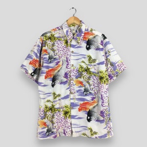 Vintage Iolani Hawaiian Patina Japanese Koi Fish Rayon Shirt Medium 1980s Tropical Kahanamoku Kamehameha Tiki Honolulu Printed Aloha Size M