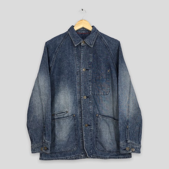 Vintage 1990s Chaps Denim Workers Jacket Large Stone Washed Style Workwear Denim Blue Chore Frenchwork Denim Jacket Button Union Made Size L