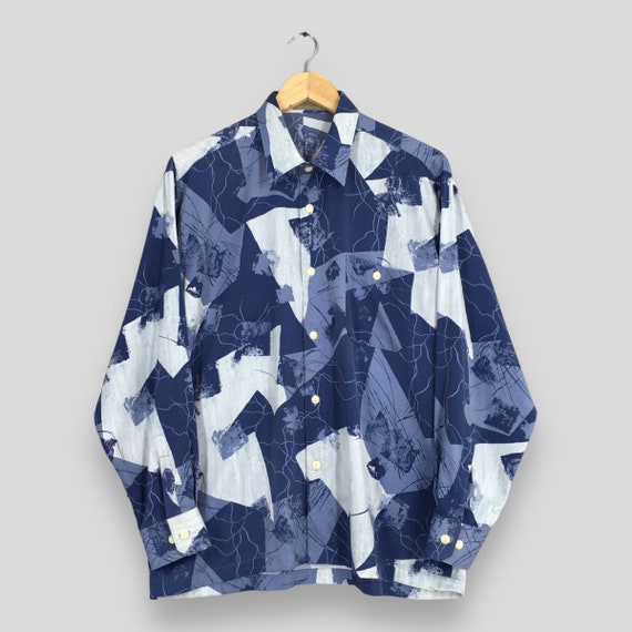 Vintage 90s Retro Multicolor Artwork Psychedelic Abstract Pattern Shirt Large Men's Party Disco Button Up Blouson Oxfords Polyester Size L