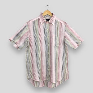 Vintage Kent Vertical Striped Flannel Linen Shirt Large 90&#39;s Multicolor Stripes Flannel Buttondown Indie Boho Short Sleeve Shirt Size L