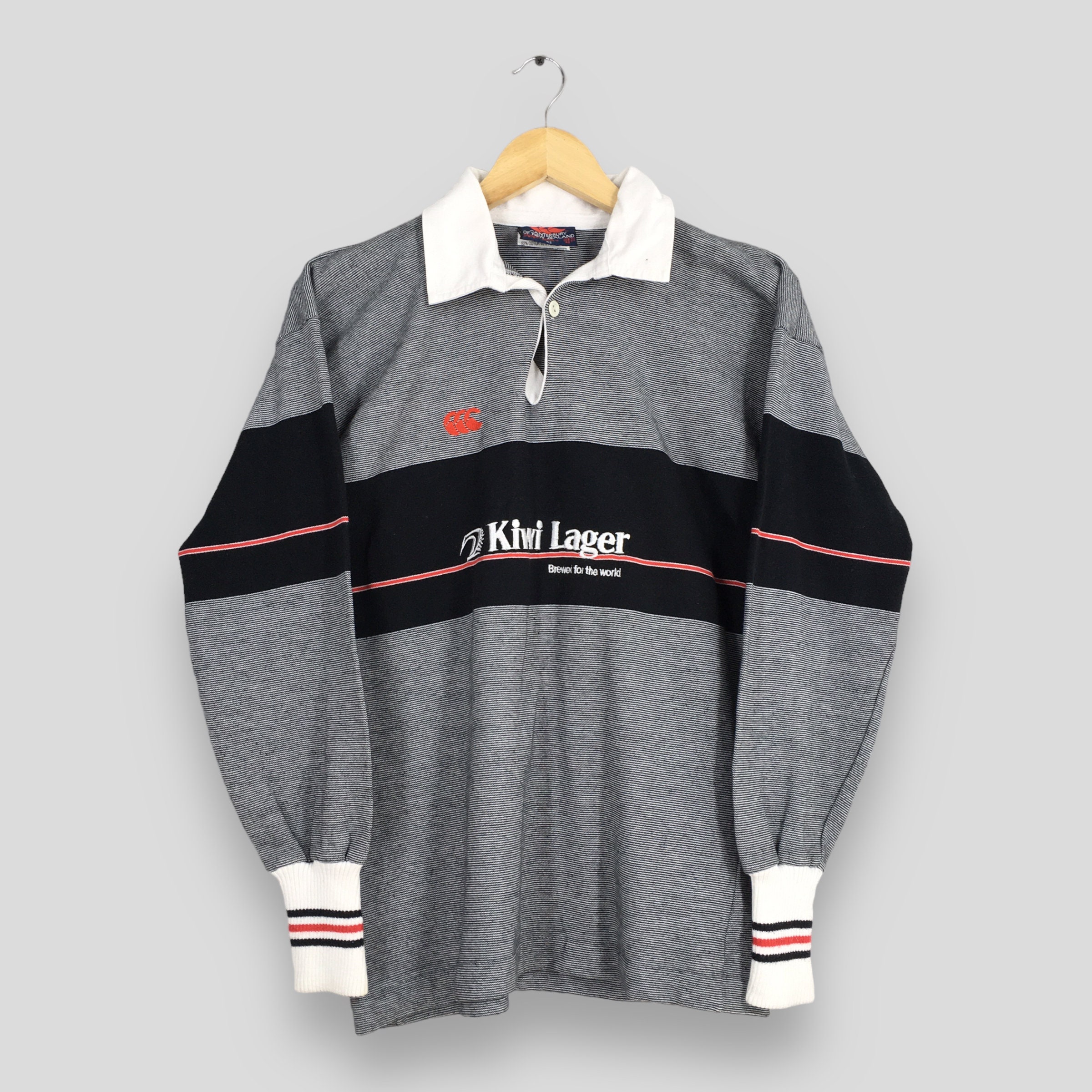 Vintage Canterbury Of New Zealand Striped Polo Rugby Shirt Medium All Blacks Kiwi Lager Longsleeve Stripes Multicolor Classic Shirt Size M