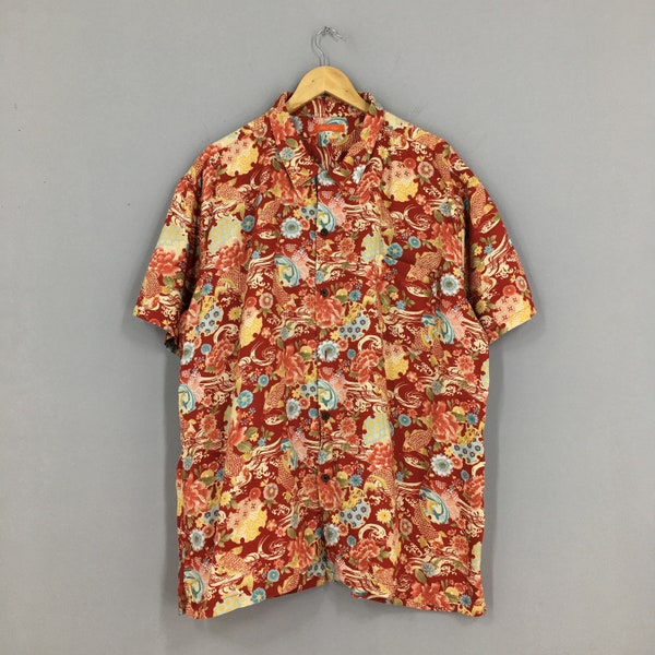 Vintage 80's Hawaiian Aloha Tropical Japanese Cotton Shirt XLarge Floral Hawaii Printed Fish Koi Japan Beach Wear Buttondown Size XL