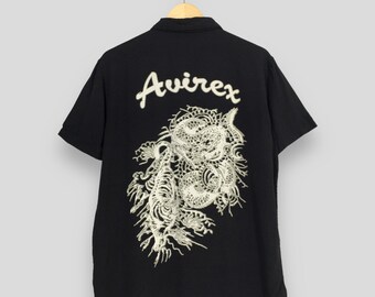 Vintage Avirex Tiger Fighting Dragon Printed Rayon Shirt Medium 1980s Avirex Sukajan Japan Dragon Aloha Tropical Shirt Button Up Size M