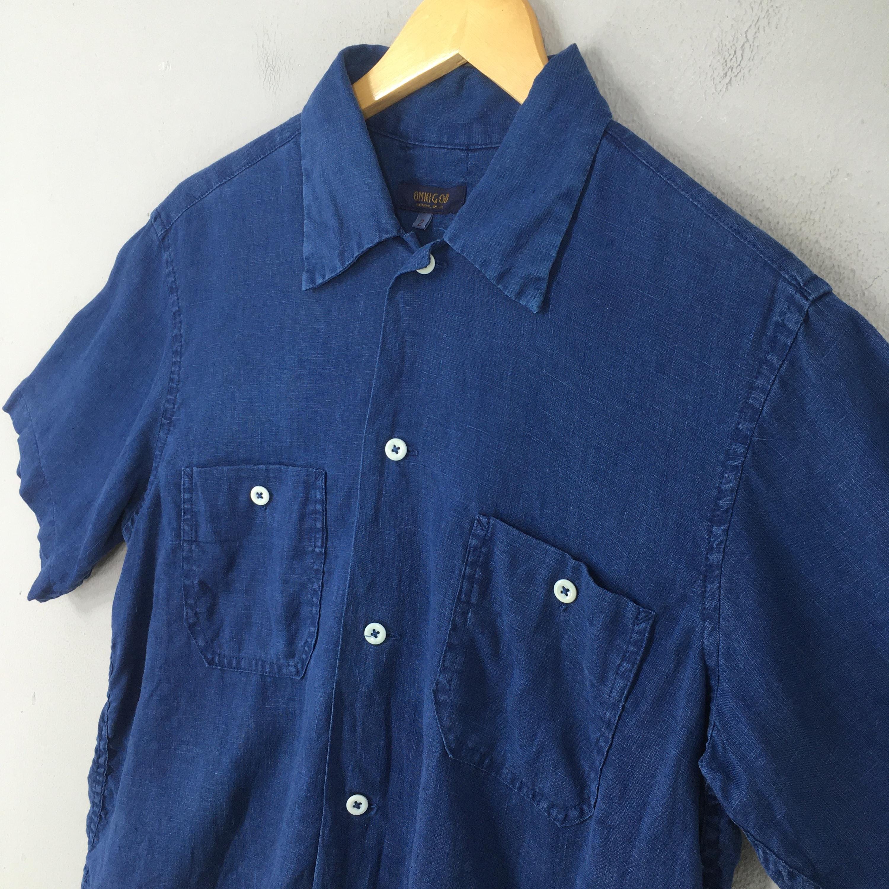 Vintage 90s Omnigod Japan Blue Indigo Linen Shirt Medium Omnigod