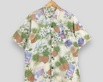 Koszula plażowa Hawajska z ananasami w stylu vintage z lat 90. Aloha Tropical, rozmiar M, z guzikami na guziki, z kolekcji Hale Oahu, z kolekcji Hawajskie okulary przeciwsłoneczne.