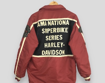Vintage 90s Harley Davidson Motorcycles Button Red Jacket Medium Ama Nationa Superbike Harley Davidson Embroidered Harley Rider Coat Size M