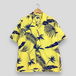 Vintage 80s LL Bean Hawaii Aloha Flower Shirt Large Hawaiian Tropical Leaves Summer Wear Surf Hula Girl Button Up Tiki Yellow Shirt Size L