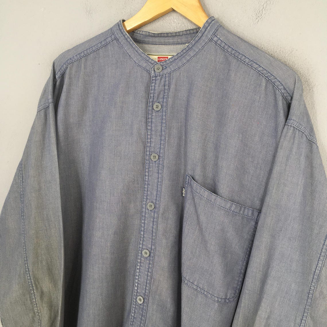 Vintage Levis Strauss Band Collar Shirt Shirt 2XLarge Levis San Francisco California Denim Blue Flannel Levis Jeans Buttondown Oxfords XXL, foto 3 di 5