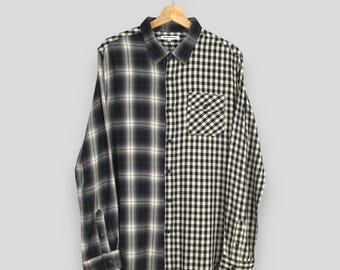 Vintage Semantic Design Plaid Shadow Checkered Multicolor Rayon Shirt Large Two Side Tartan Checked Flannel Japanese Designer Button Up L
