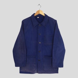 Vintage 1980&#39;s Herringbone HBT French Work Jacket Medium Distressed Frenchwork Sanforized Cotton Workers Blue Labour Workers Coat Size M