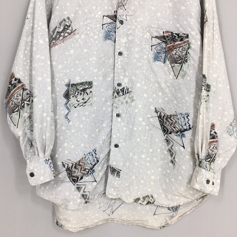 Vintage Abstract Pattern Men Silk Shirts Medium Vintage 80s Abstract Retro Psychedelics Casual Party Disco Buttondown Size M