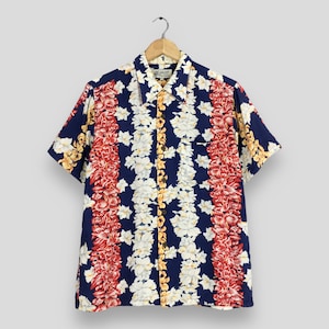 Vintage 90&#39;s Hawaiian Aloha Tropical Flower Hibiscus Shirt Large Floral Hawaii Multicolor Honolulu Beach Wear Button Up Surfing Shirt Size L