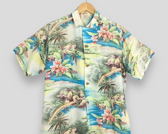 Vintage 1960s Hale Hawaii Aloha Tropical Rayon Shirt Medium Coconut Tree Beach Island Made In Honolulu Surf 50's Hawaiian Wood Button Size M