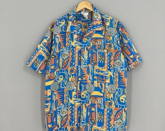 Vintage Abstract Hawaii Shirt Large Geometric Abstract Oxford Soft Polyester Blue Funky Retro Hawaii Buttondown Size L