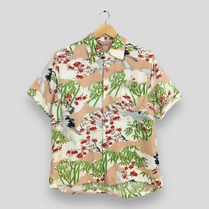 Vintage Hawaiian Honolulu Phoenix Bird Rayon Shirt Large 80s Sukajan Japan Aloha Beachwear Green Shirt 70s Tropical Shirt Button Up Size L