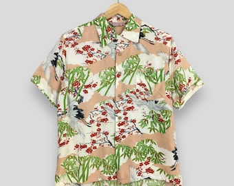 Vintage Hawaiian Honolulu Phoenix Bird Rayon Shirt Large 80s Sukajan Japan Aloha Beachwear Green Shirt 70s Tropical Shirt Button Up Size L