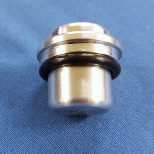 May include: Silver bottle stopper with a black rubber ring. The stopper has a smooth, shiny finish.