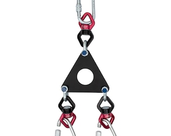 May include: A black triangular metal plate with a hole in the center and three swiveling hooks with red and silver accents. The hooks are attached to the plate with bolts.