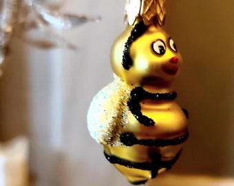 Czech Glass Bumble Bee Christmas Ornament - Hand Painted Pair
